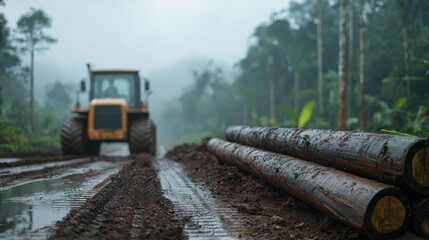 muddy logging site with tractor and cut logs in misty forest environment