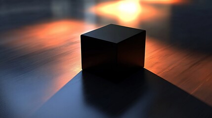 Black cube on dark wooden floor with warm light.
