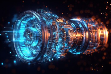 Futuristic glowing technological machinery rendered in blue and orange hues