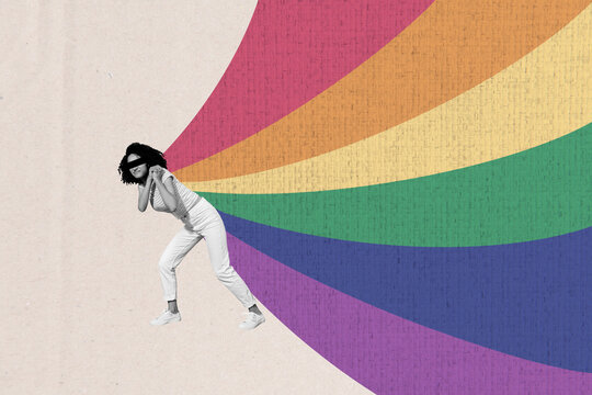 Template sketch image composite artwork collage of young woman blind walk hand hold rainbow colorful symbol orientation gay lesbian - Powered by Adobe