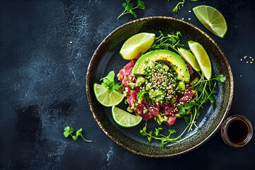 Tuna tartare with avacado and arugula on a gray plate with soy sauce and sesame seeds on a dark table, top view.