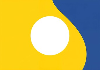 A vibrant yellow and blue background featuring a prominent white oval shape