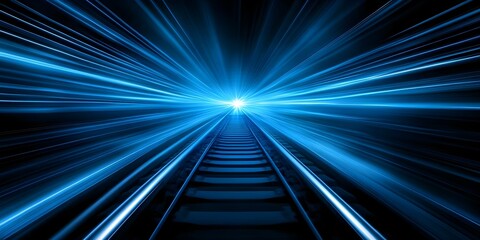 A futuristic depiction of railway tracks leading toward a bright light, conveying a sense of speed and motion. Concept Futuristic Railway, Tracks to Light, Speed and Motion, Dynamic Perspective