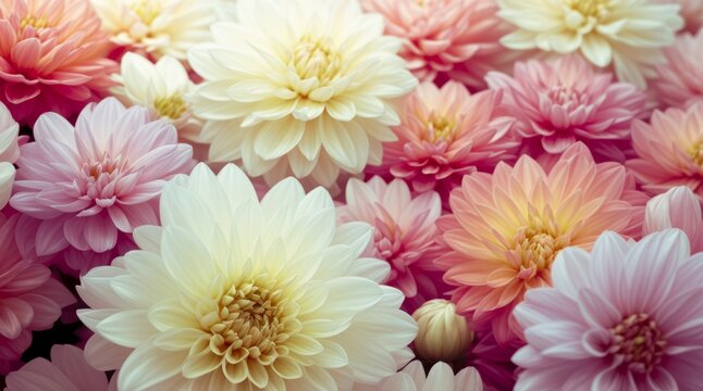 Primer plano de una variedad de flores de dalia de varios colores, con la suave luz del sol filtr&aacute;ndose a trav&eacute;s de los p&eacute;talos