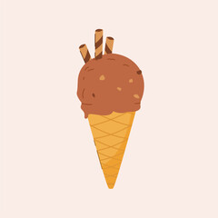 Ice cream with chocolate cone topping with wafer roll, dessert, sweet street food for poster and web icon