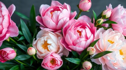 Fototapeta premium A beautiful arrangement of fresh pink peonies and roses, perfect for adding a touch of elegance to any design project, beautiful, peonies, nature