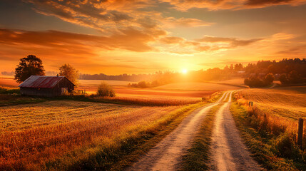 Fototapeta premium A panoramic view of a rural landscape at sunset.