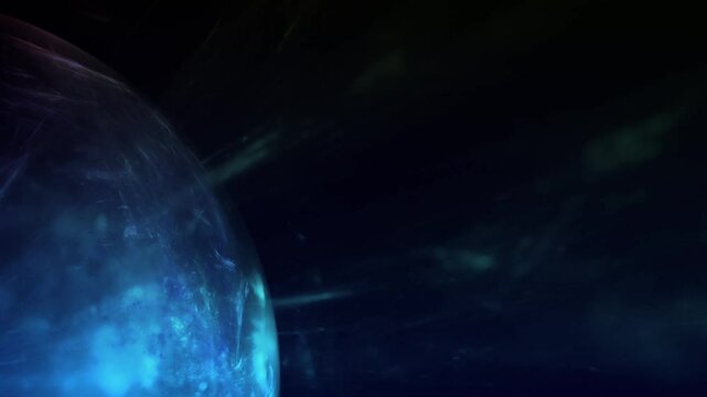 futuristisches blau leuchtendes Plasma im Weltall, Gasplanet, r&auml;umlich, 3D, Tiefenunsch&auml;rfe, Hintergrund, Technologie, Wissenschaft, ruhig
