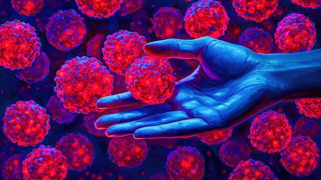 A vibrant, surreal depiction of a human hand reaching out to glowing, spherical entities, evoking themes of science, biology, and a connection to the microscopic world.
