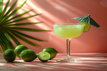 Tropical green cocktail with fresh limes and decorative umbrella on sunny backdrop