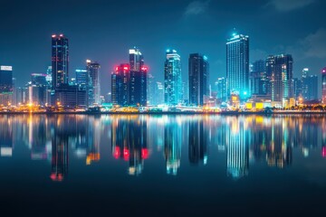 Fototapeta premium Vibrant Nighttime Cityscape with Reflective Waters