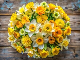 Spring Daffodil Bouquet Top View: Wide-Angle Generative AI Image