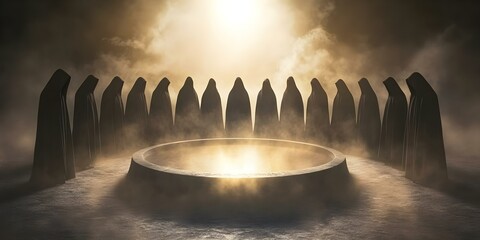 Obraz premium A dark, hooded figure surrounded by others, standing in a circle around a glowing stone altar in a mystical setting. Concept Mystical Ritual, Enigmatic Figure, Glowing Stone Altar, Circle of Shadows