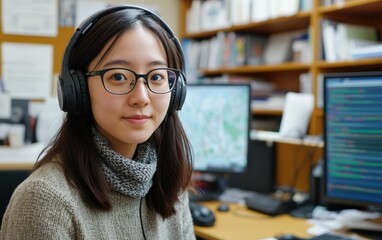 Young woman, headphones on, focused on her computer work. A serious and determined expression. Data processing in action!