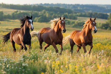 Majestic Horses Running Through Lush Meadow