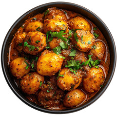 Top view of Dum Aloo in a dark bowl isolated on a white transparent background