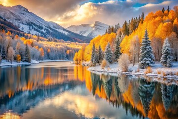Fototapeta premium Winter Sunrise Mountain Lake: Golden Trees, Snowfall, Bird's Eye View