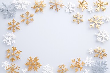 Gold Silver Snowflakes Frame on Light Blue Background