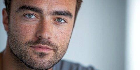 Fototapeta premium A close-up portrait of a young man with striking blue eyes and a thoughtful expression. The image radiates confidence and serenity. Perfect for lifestyle and personal development themes. AI