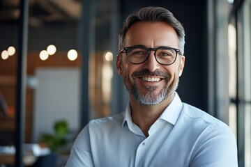 Obraz premium Confident Businessman Smiling in Modern Office Setting