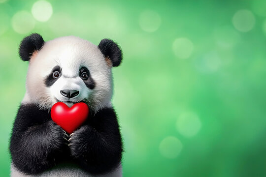 Cute panda holds a red heart against a soft green background to express affection and love