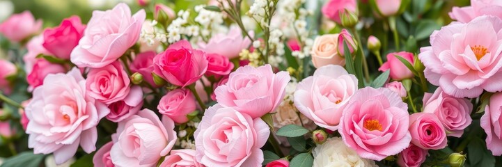 A vibrant bouquet of pink peonies and roses with space for text, flowers, bouquet