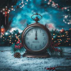 New Year's Eve countdown. Vintage clock face showing 2025, winter holiday scene. card design