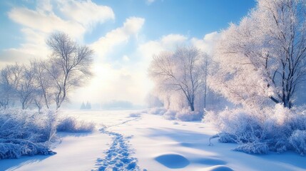 Obraz premium Softly falling snow winter morning nature scene tranquil landscape eye-level view peaceful serenity