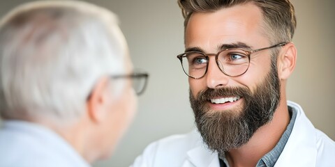 Fototapeta premium A smiling male doctor in glasses interacting with an elderly patient, both in a medical setting. Concept Doctor-Patient Interaction, Compassionate Care, Elderly Health, Medical Environment