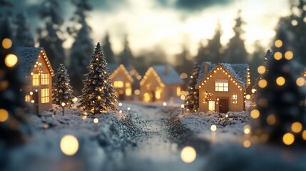 Fototapeta premium Festive snow village at twilight with warm lights.