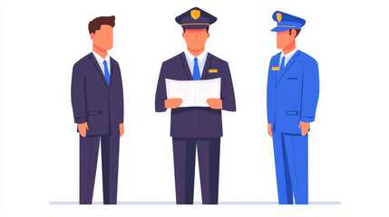 Two police officers and man in suit discussing document