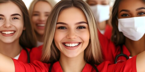 A group of smiling healthcare professionals in red scrubs, some wearing masks, posing together for a cheerful selfie. Concept Healthcare Team Bonding, Smiling Professionals, Red Scrubs