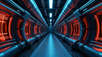 Obraz premium Futuristic corridor with glowing blue and red lights, metallic pipes