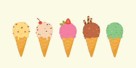 Ice cream cones with various flavors and toppings, desserts, sweet street food for posters and web icons