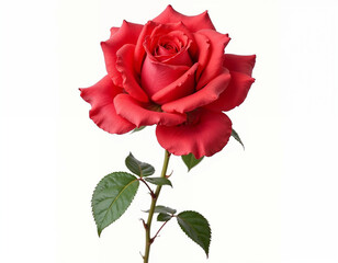 Red rose flower with clipping path, side view. Beautiful single red rose flower on stem with leaves isolated on white background. Naturе object for design to Valentines Day, mothers day, anniversary