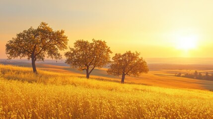 Fototapeta premium Golden Sunrise Over Rolling Fields with Isolated Trees Illuminated by Warm Light in a Serene Natural Landscape Scene