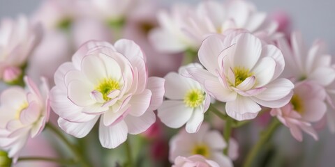 Obraz premium Close-up of delicate pink and white ranunculus flowers in full bloom against a soft blurred background, ranunculus, flowers, bloom