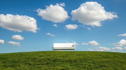 on a grassy hill lies a white sofa, under a clear blue sky. Ai generated image