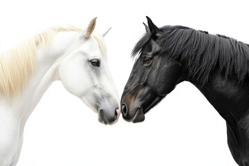 White and black horses show affection by touching noses