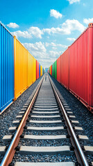 Fototapeta premium Colorful shipping containers along railway tracks under blue sky