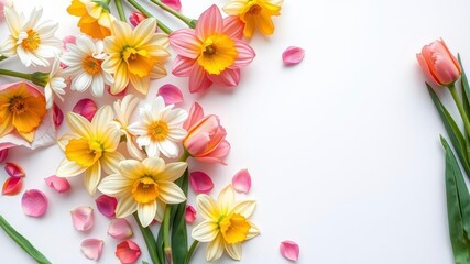 Colorful spring flowers such as tulips, daisies, and daffodils beautifully arranged on a white paper background, tulips, spring