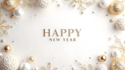 Happy New Year greeting with festive decorations. Concept of celebration, holiday, and new beginnings.