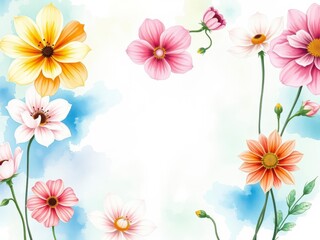 Obraz premium Colorful watercolor illustration of various flowers including roses, daisies, and tulips on a white background, flowers, painting, botanical