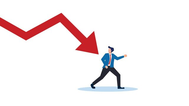 animation of business failure or recession with a downward arrow towards a person