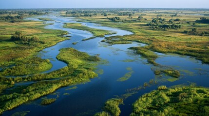 Naklejka premium Serene River Winding Through Lush Grasslands