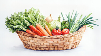 A vibrant basket filled with fresh vegetables including lettuce, carrots, tomatoes, and green onions, showcasing a healthy, colorful assortment.