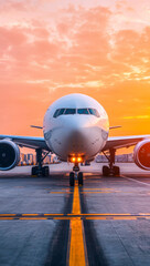 large airplane on runway during vibrant sunset, showcasing its details