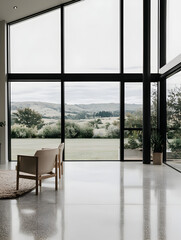 Fototapeta premium Minimalist room with floor-to ceiling windows, concrete floor, natural light from the outside, this scene embodies minimalism's focus on clean lines, open spaces, and natural elements. 3D render.