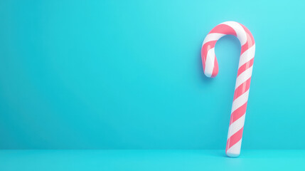 A festive candy cane with red and white stripes stands against a bright turquoise background, evoking holiday cheer.