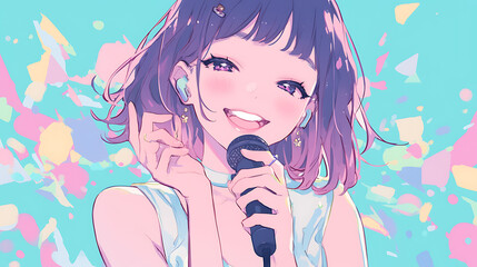 A cheerful girl singing into a microphone with a colorful background.